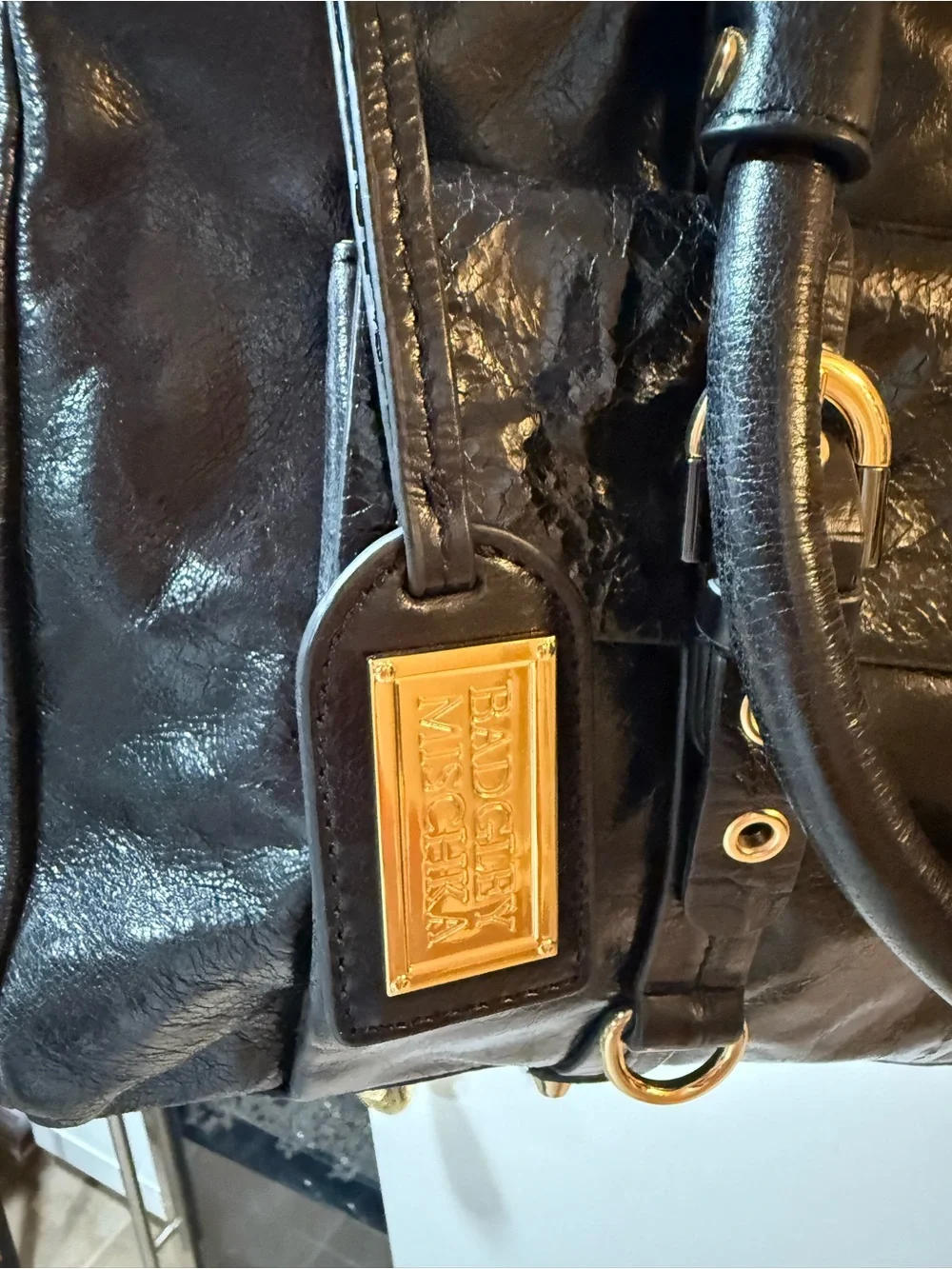 Black Leather Structured Satchel Handbag
